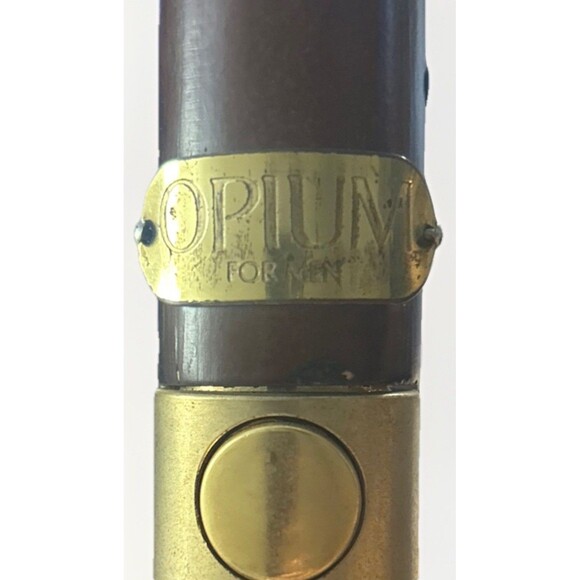 Vtg Yves Saint Laurent OPIUM Umbrella Bamboo Handle Blue Red Print Logo Italy - Picture 2 of 9